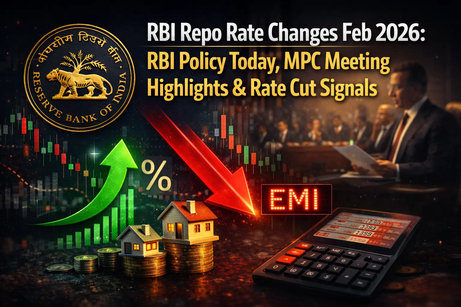 RBI Repo Rate Changes impact on home loan EMI with RBI logo, rate cut symbols and Indian family