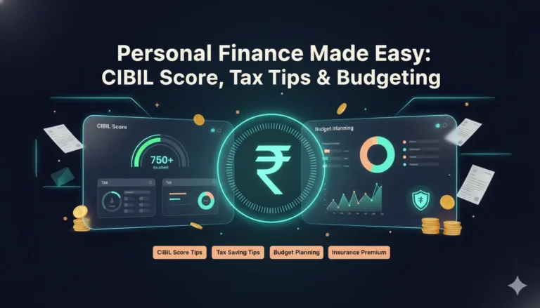 Personal finance dashboard illustration showing CIBIL score meter, tax tips, budgeting charts, rupee symbol, and financial planning elements in a dark theme for India.