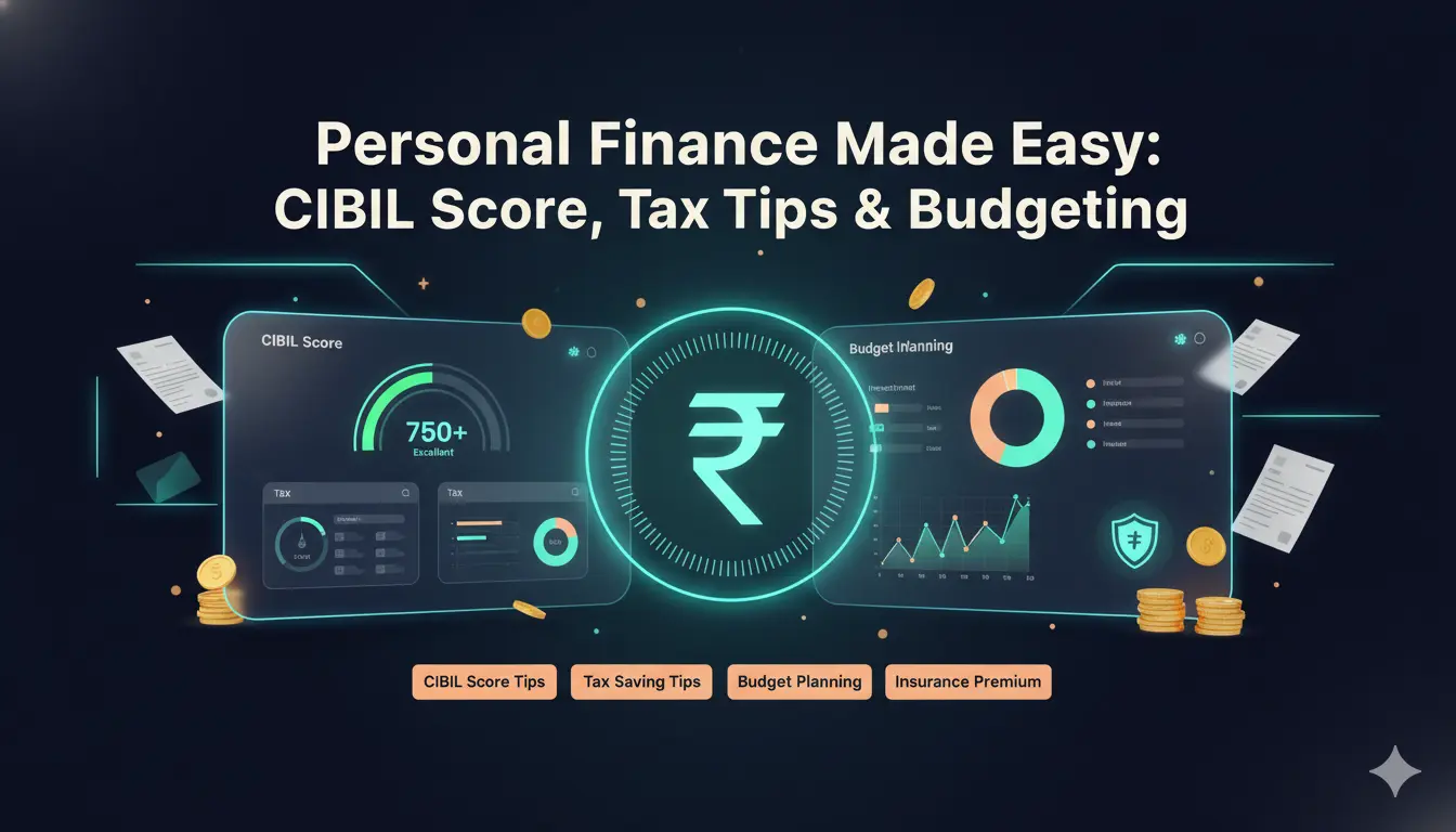 Personal finance dashboard illustration showing CIBIL score meter, tax tips, budgeting charts, rupee symbol, and financial planning elements in a dark theme for India.