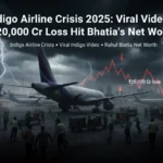 IndiGo Airline Crisis 2025 scene showing an IndiGo aircraft on a rainy airport runway with lightning, cancelled flights, and a ₹20,000 crore market loss graph impacting Rahul Bhatia’s net worth.