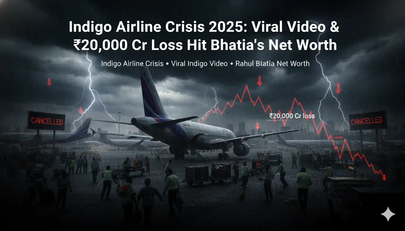 IndiGo Airline Crisis 2025 scene showing an IndiGo aircraft on a rainy airport runway with lightning, cancelled flights, and a ₹20,000 crore market loss graph impacting Rahul Bhatia’s net worth.