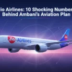 Illustrated Jio Airlines aircraft flying across a futuristic gradient sky with blue, purple, and pink tones, featuring modern aviation elements and the title ‘Jio Airlines: 10 Shocking Numbers Behind Ambani’s Aviation Plan’ integrated in a clean wallpaper-style design.