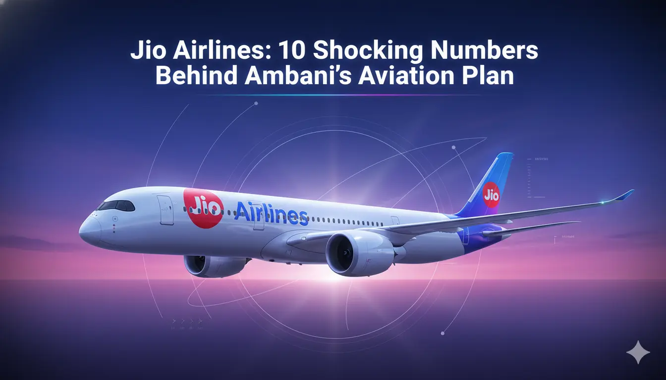 Illustrated Jio Airlines aircraft flying across a futuristic gradient sky with blue, purple, and pink tones, featuring modern aviation elements and the title ‘Jio Airlines: 10 Shocking Numbers Behind Ambani’s Aviation Plan’ integrated in a clean wallpaper-style design.