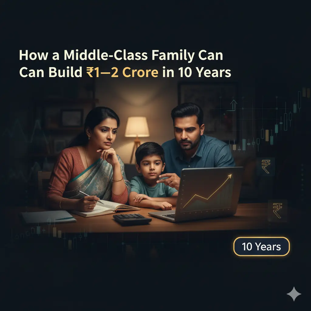 A middle-class Indian family planning investments on a laptop to build ₹1–2 crore in 10 years using long-term financial planning and SIP strategy.