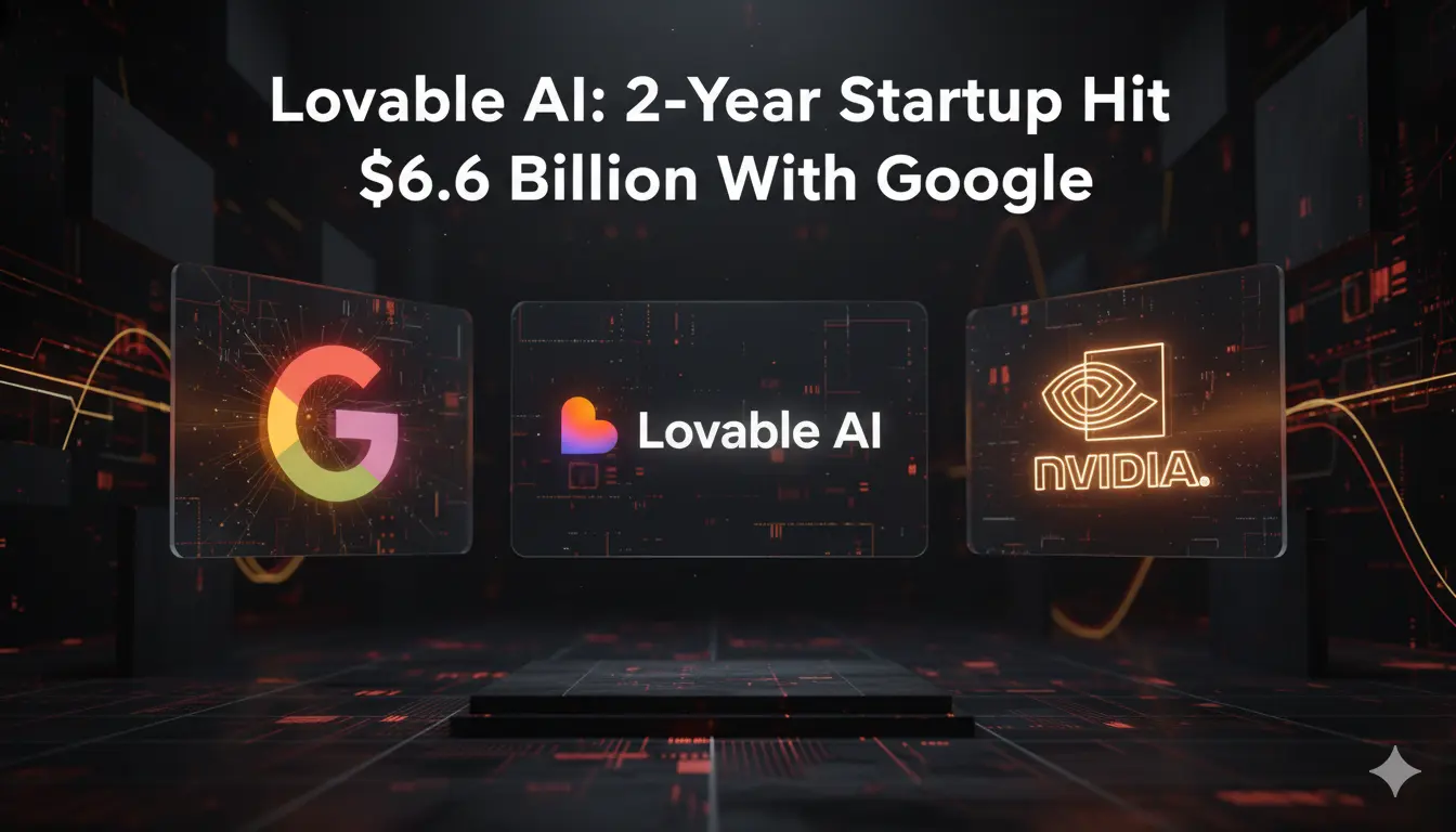 Lovable AI reaches a $6.6 billion valuation in two years with Google backing, shown through a futuristic AI-themed visual with Google, Lovable AI, and Nvidia logos.