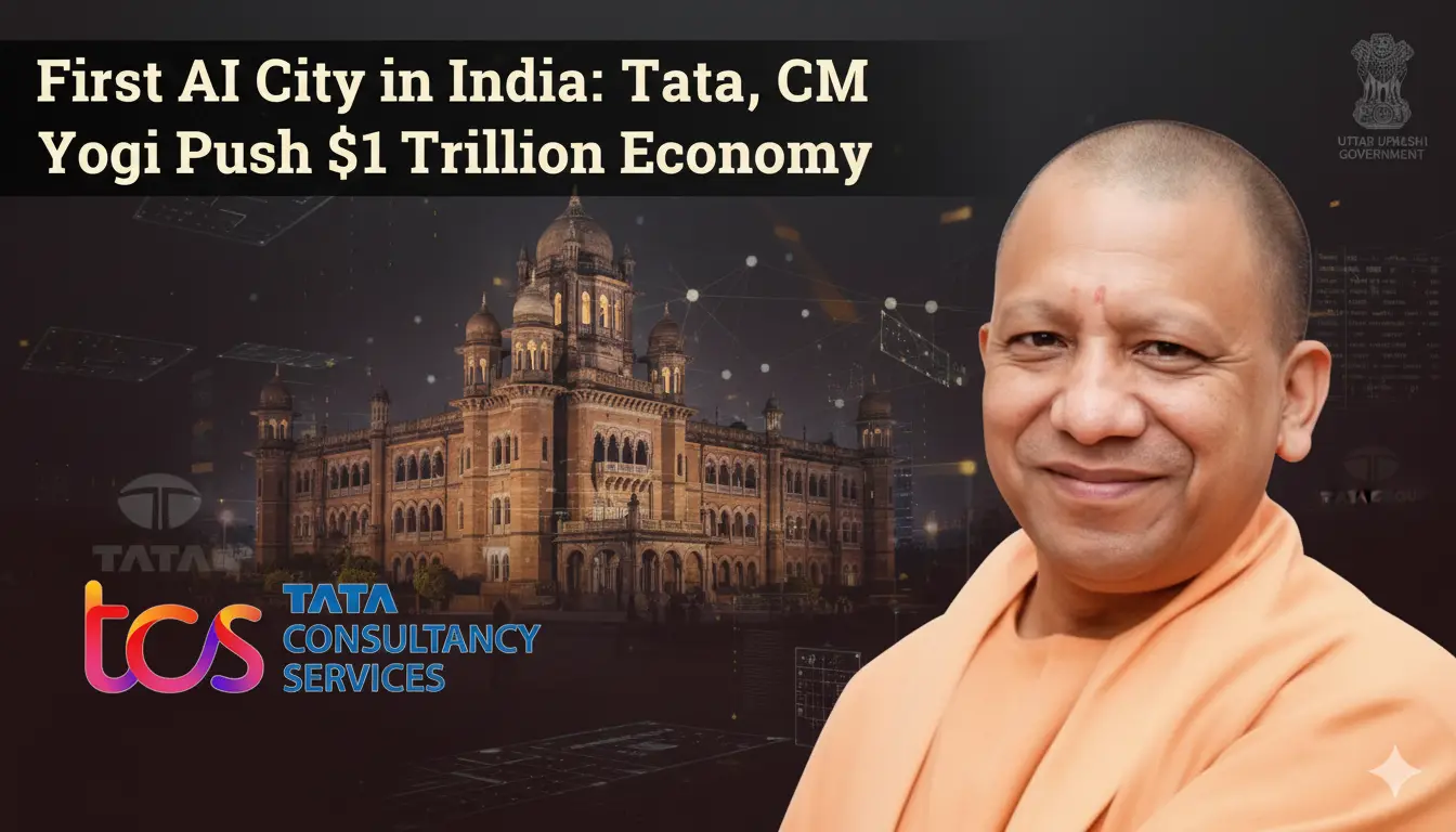 First AI City in India visual showing CM Yogi Adityanath with a modern city skyline, Tata and TCS logos, highlighting AI-led urban and economic growth.