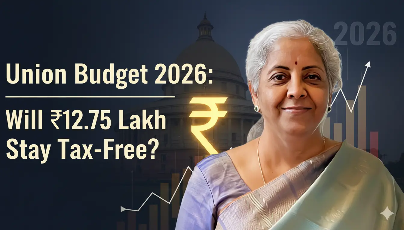 Union Budget 2026 featured image showing Finance Minister Nirmala Sitharaman with the new Parliament building in the background, highlighting the question of whether ₹12.75 lakh income will remain tax-free under the new tax regime.