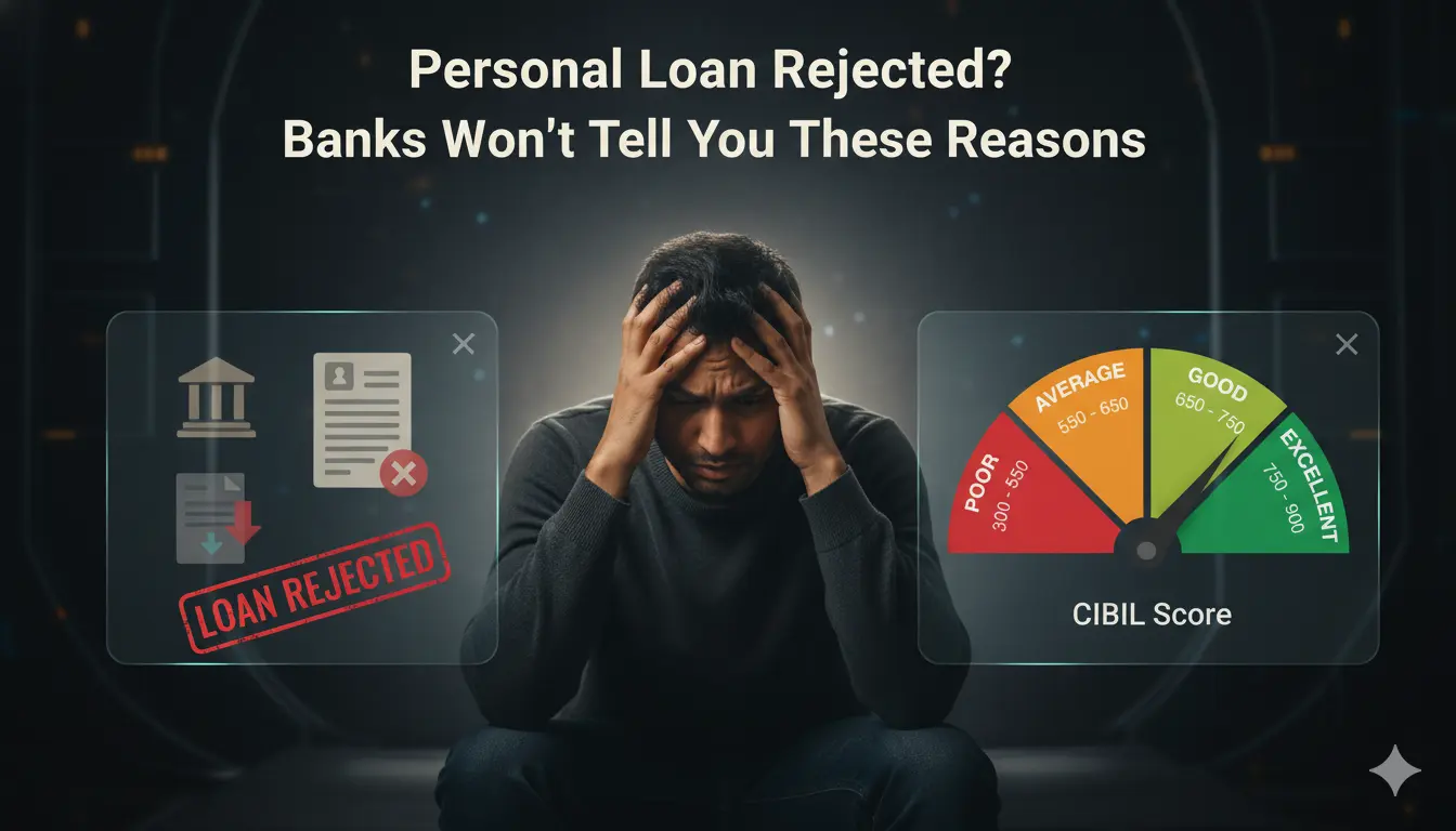 Personal loan rejected due to low CIBIL score shown on credit score meter with stressed borrower