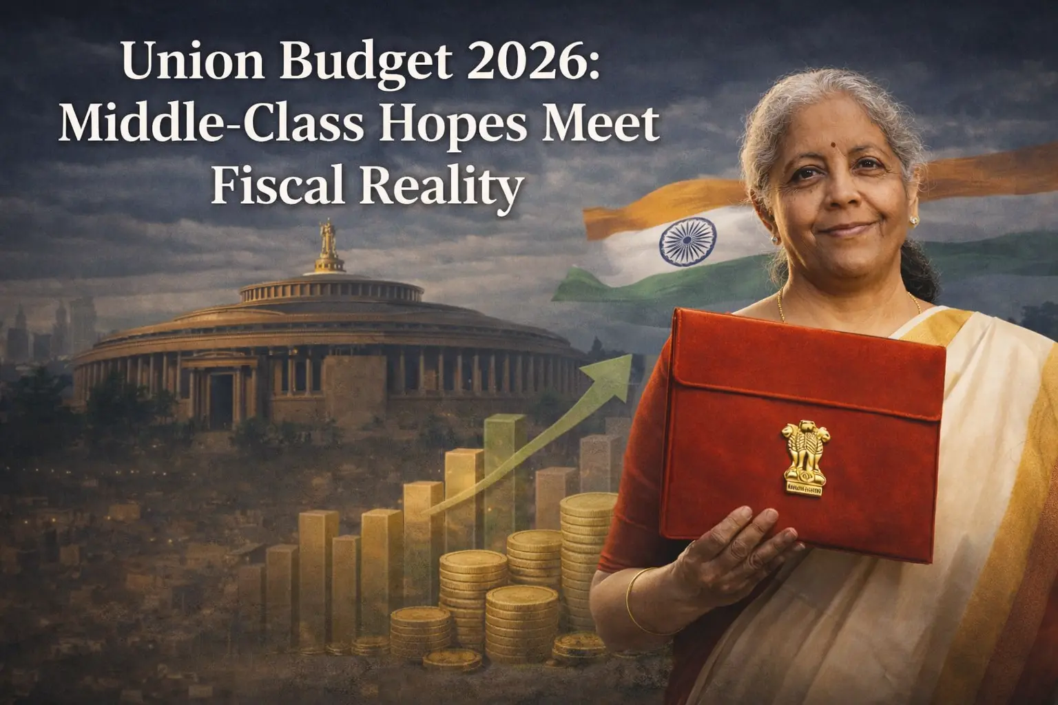 Union Budget 2026 feature image showing Finance Minister Nirmala Sitharaman holding the Budget briefcase, with Parliament in the background and visuals reflecting middle-class hopes and fiscal reality.