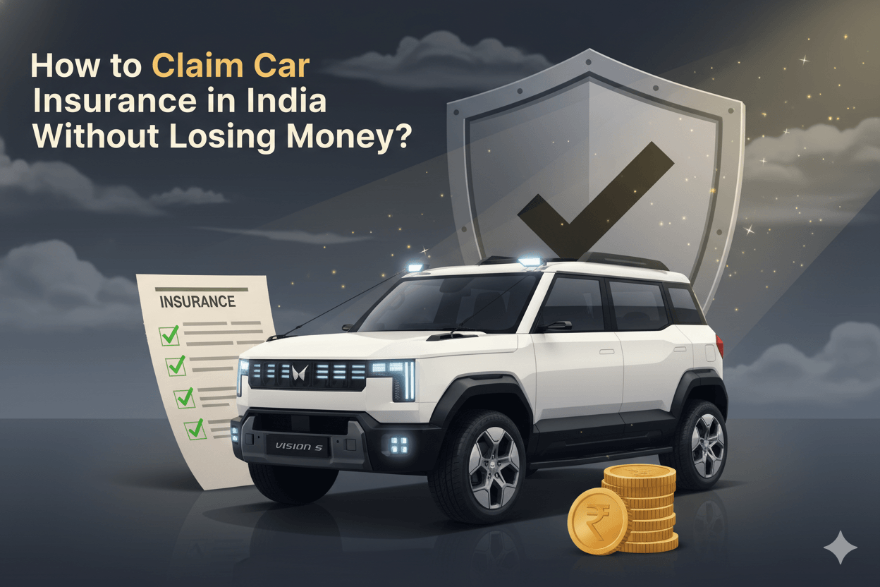 Cinematic illustration showing an SUV with insurance protection, explaining how to claim car insurance in India without losing money.