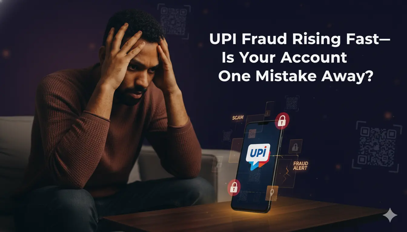 An Indian man sitting stressed after a UPI fraud, holding his head while a smartphone shows a UPI fraud alert and scam warning icons.