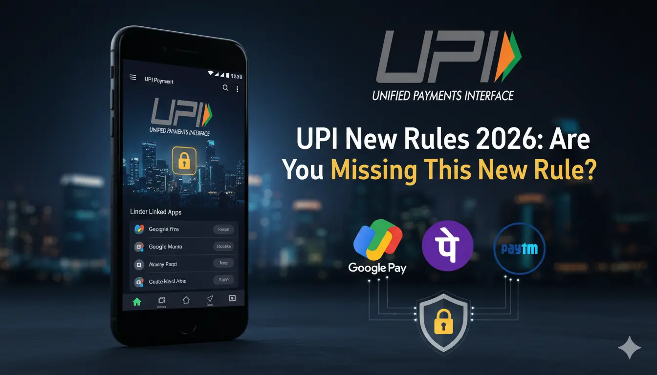 UPI New Rules 2026 explained with smartphone UPI interface, Google Pay, PhonePe and Paytm logos highlighting new limits, security rules and payment changes in India