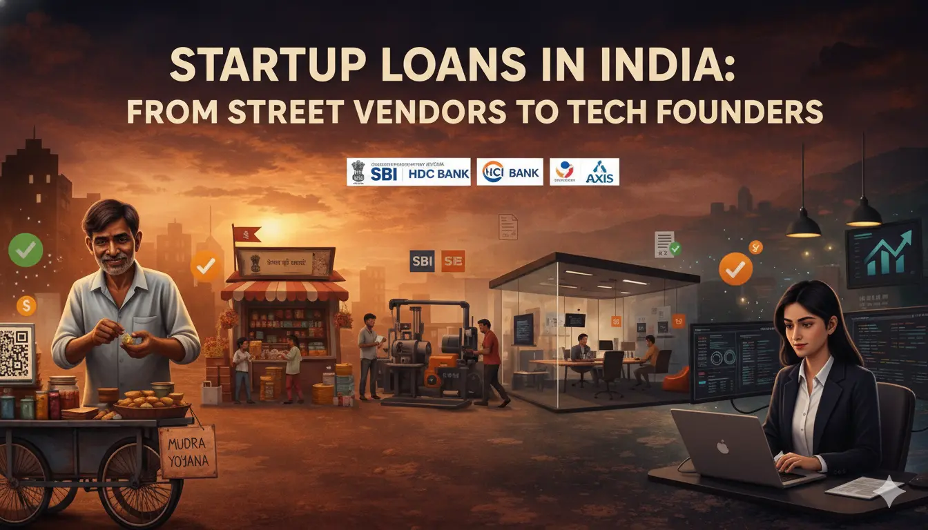 Startup Loans in India showing journey from street vendors to tech founders with government and bank loan support