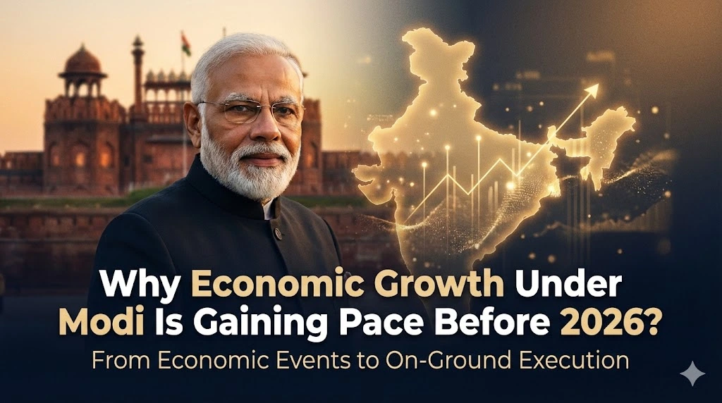 Economic growth in India under Narendra Modi shown through India map, Delhi landmarks, and growth indicators ahead of the $5 trillion economy target by 2026.