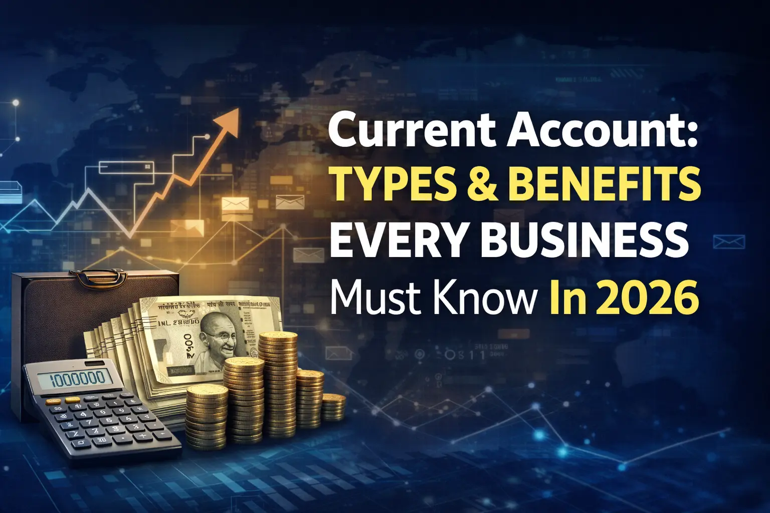Current Account types and benefits in India 2026 with ₹500 Indian currency bundle, calculator, coins and business finance growth chart background.