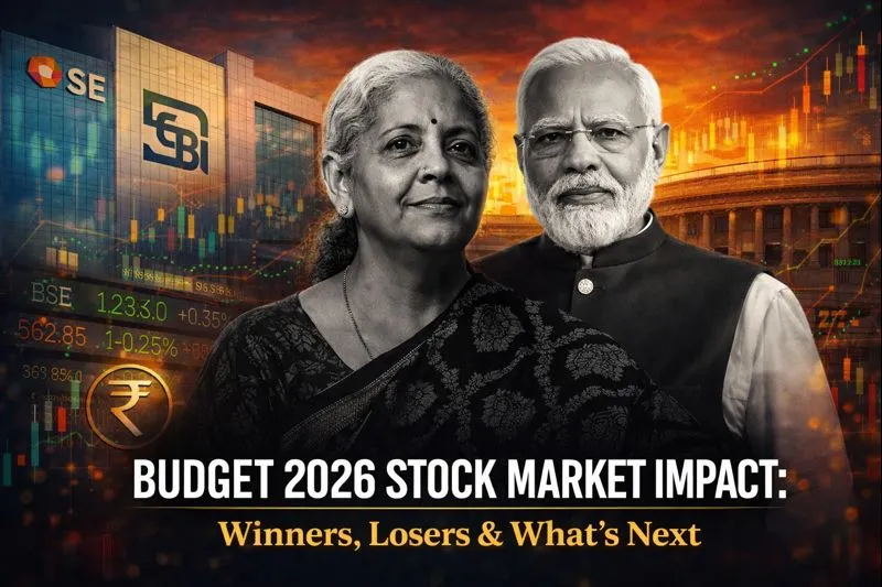 Budget 2026 Stock Market Impact visual showing Nirmala Sitharaman and Narendra Modi in black and white, NSE building, rupee symbol and stock market charts highlighting winners and losers.