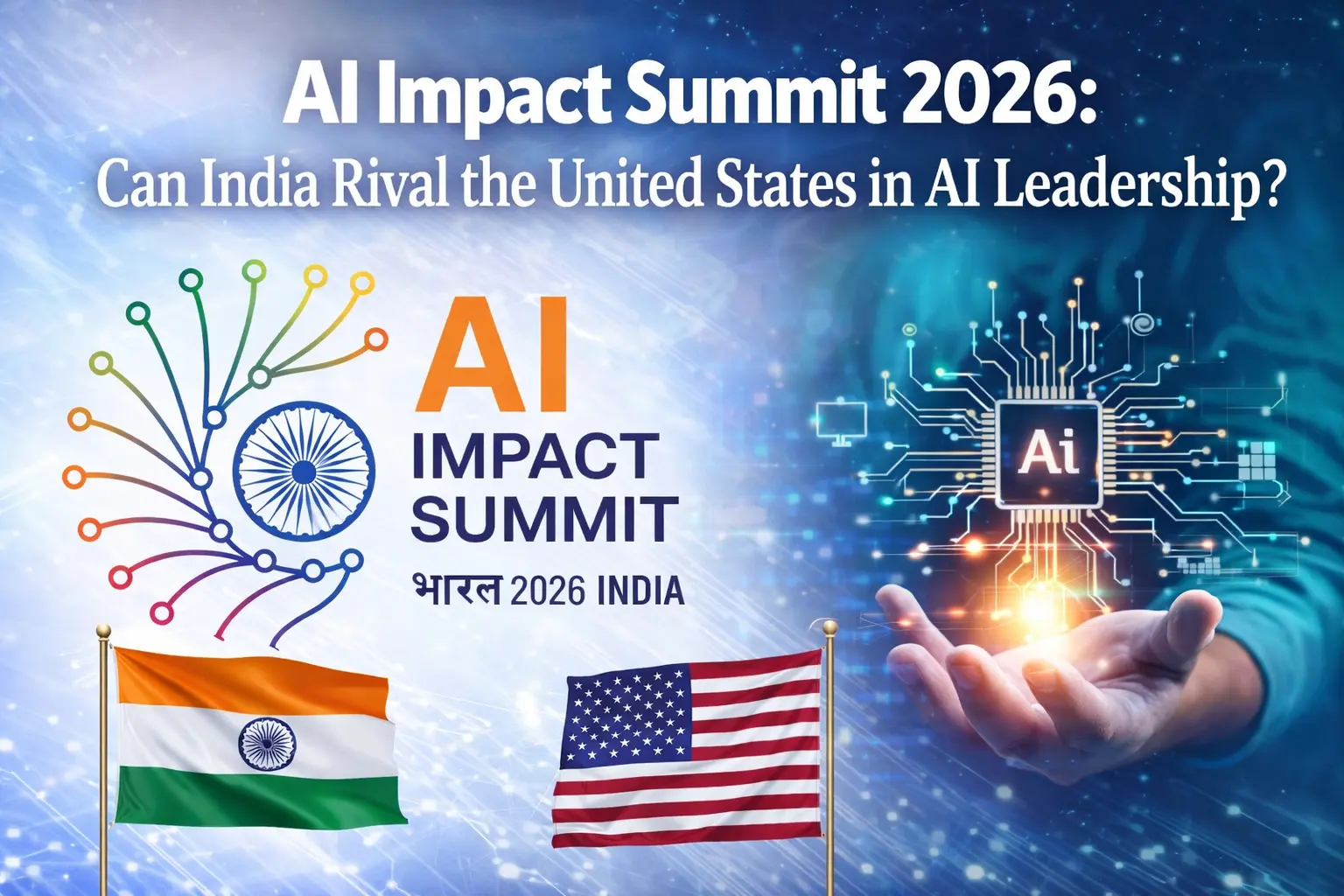 AI Impact Summit 2026 featured image showing India and United States flags with AI chip graphic highlighting global AI leadership competition.