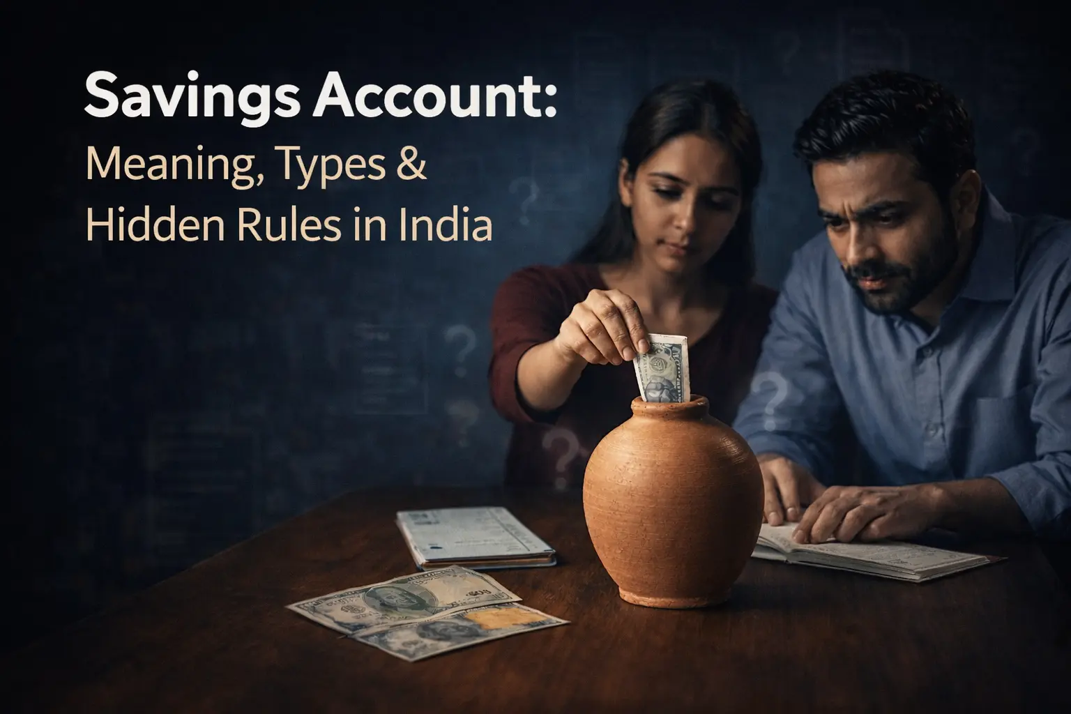 Indian couple saving money in a piggy bank, showing savings account meaning, types, and hidden rules in India with disciplined long-term planning.