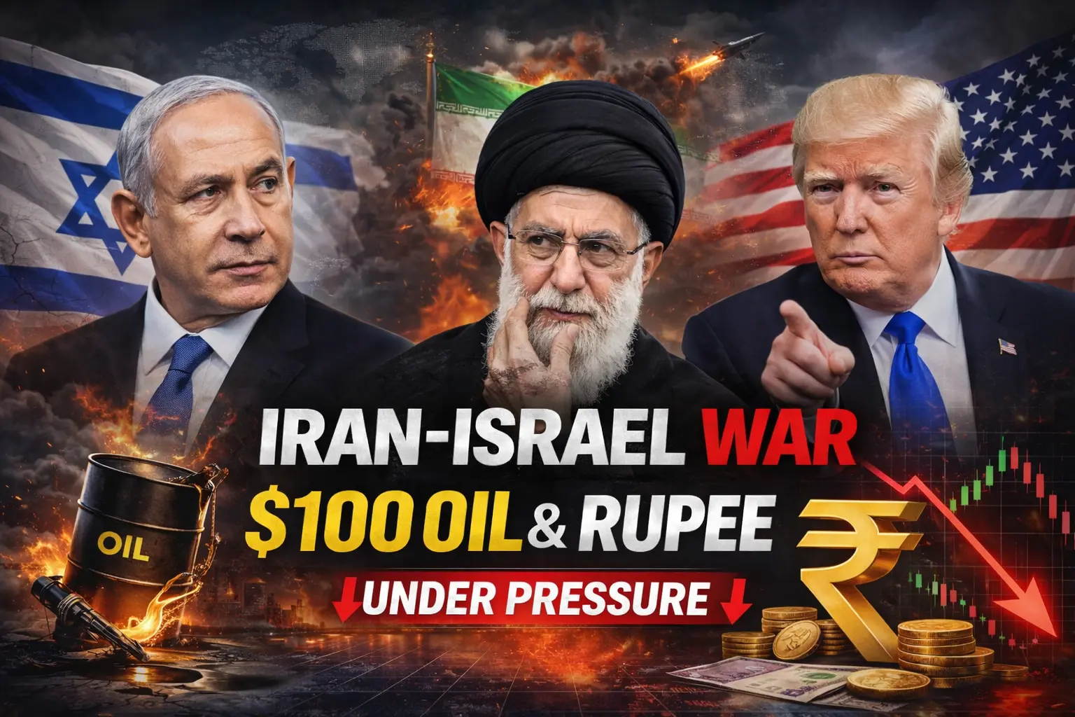 Iran-Israel war economic impact illustration showing $100 oil surge, rupee under pressure, falling stock market chart and Israel, USA, Iran flags