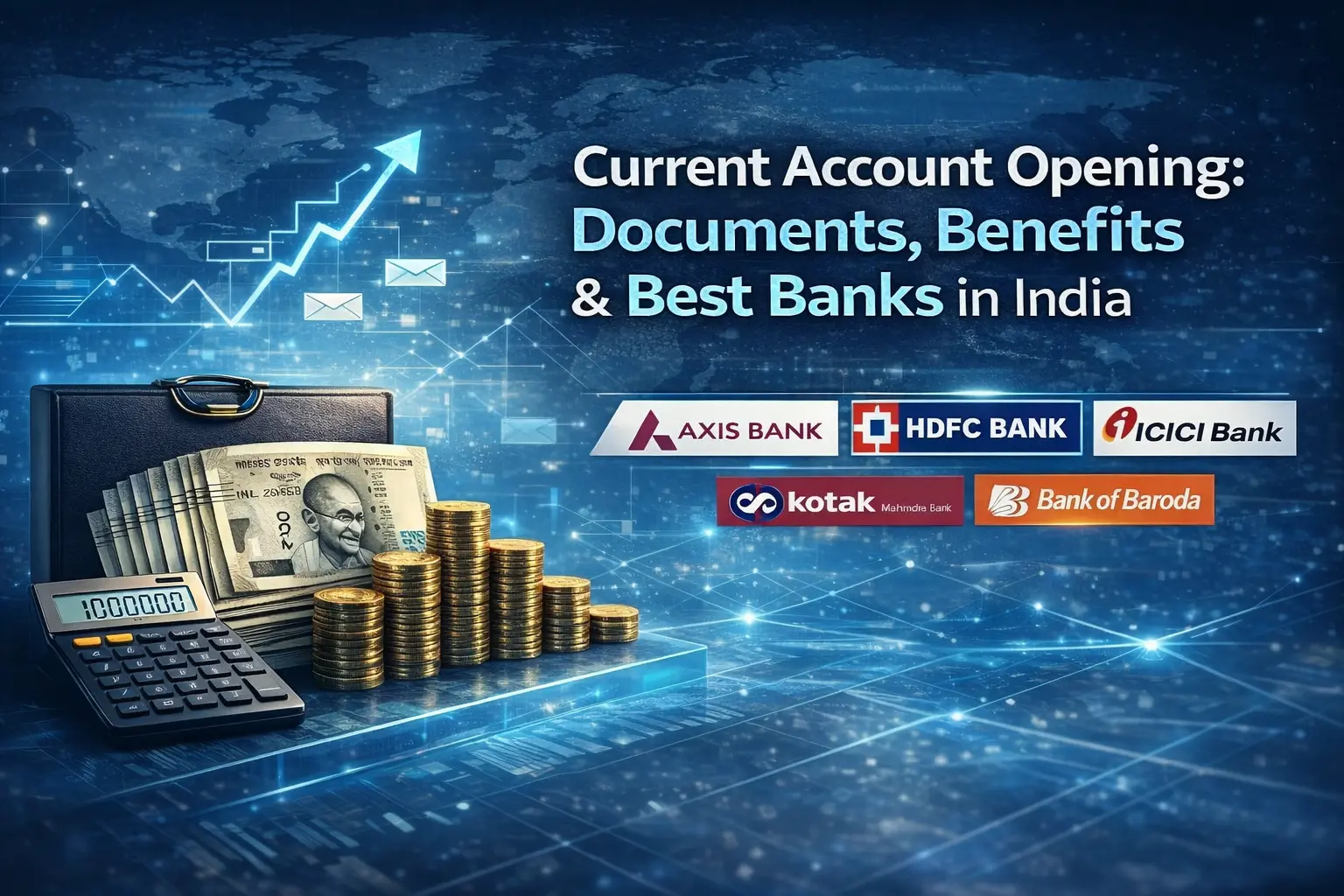 Current account opening in India showing documents, benefits and best banks like Axis Bank, HDFC Bank, ICICI Bank, Kotak and Bank of Baroda.