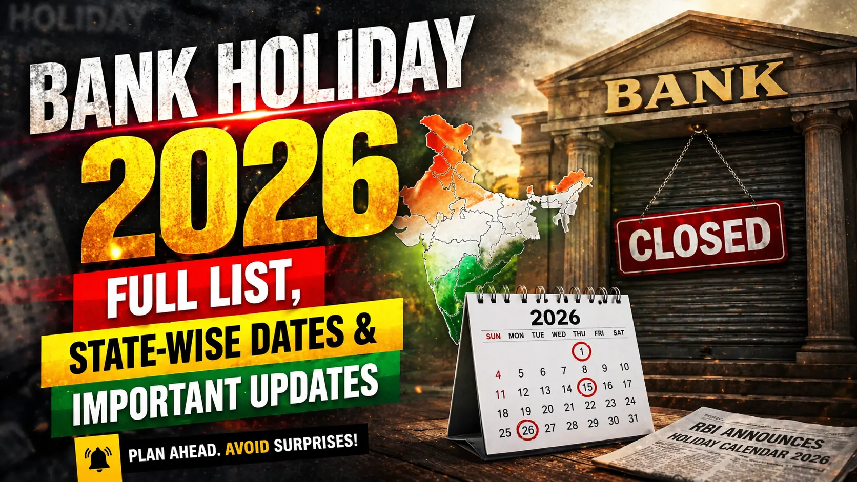 Bank Holiday 2026 India full list showing state-wise dates, monthly calendar, and bank closed days including national holidays and Saturdays