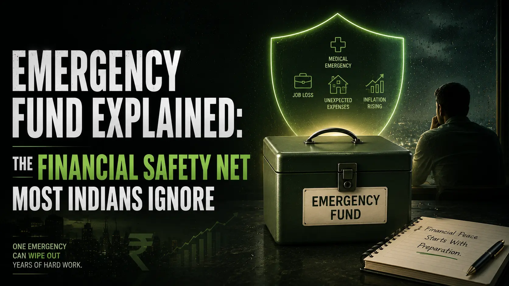 Cinematic teal-themed financial illustration showing an emergency fund box protected by a glowing shield, symbolizing financial security during medical emergencies, job loss, and rising inflation in India.