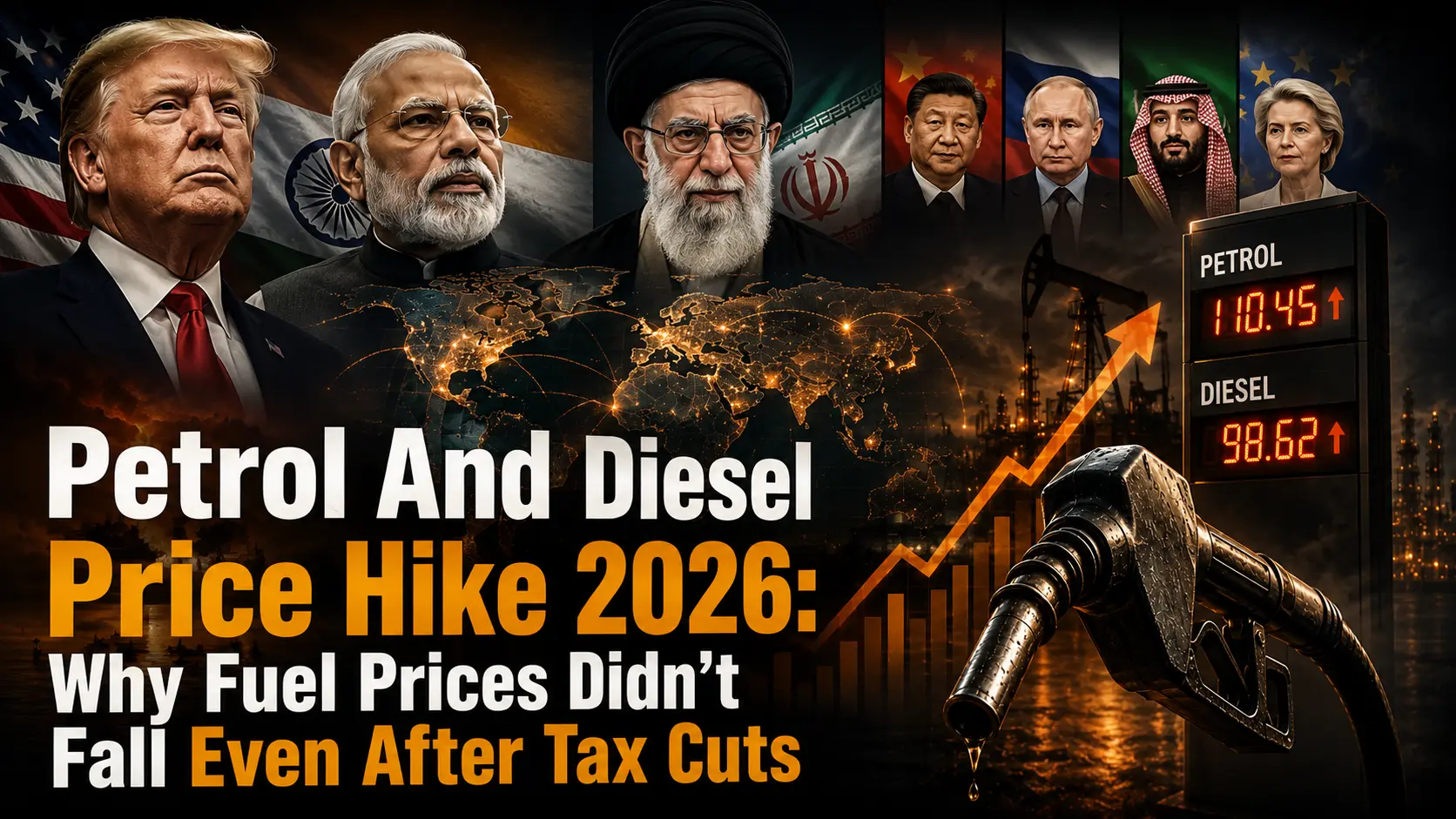 Global fuel crisis infographic featuring Donald Trump, Narendra Modi, Iran Supreme Leader, world leaders, rising petrol prices, oil refinery, fuel nozzle, and global energy shock related to Petrol And Diesel Price Hike 2026 in India.