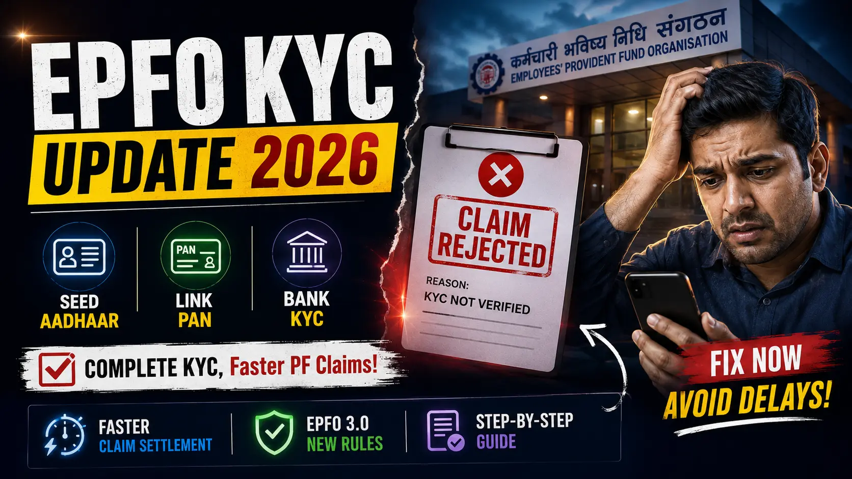 EPFO KYC Update 2026 thumbnail showing PF claim rejected due to KYC not verified, Aadhaar seeding, PAN linking, bank KYC verification, and EPFO claim rejection fix guide.