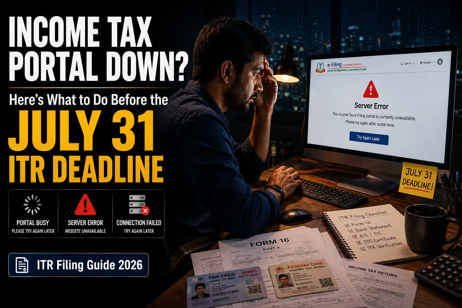 Income Tax Portal Down error on e-Filing website as an Indian taxpayer tries to file ITR before the July 31 ITR filing deadline.