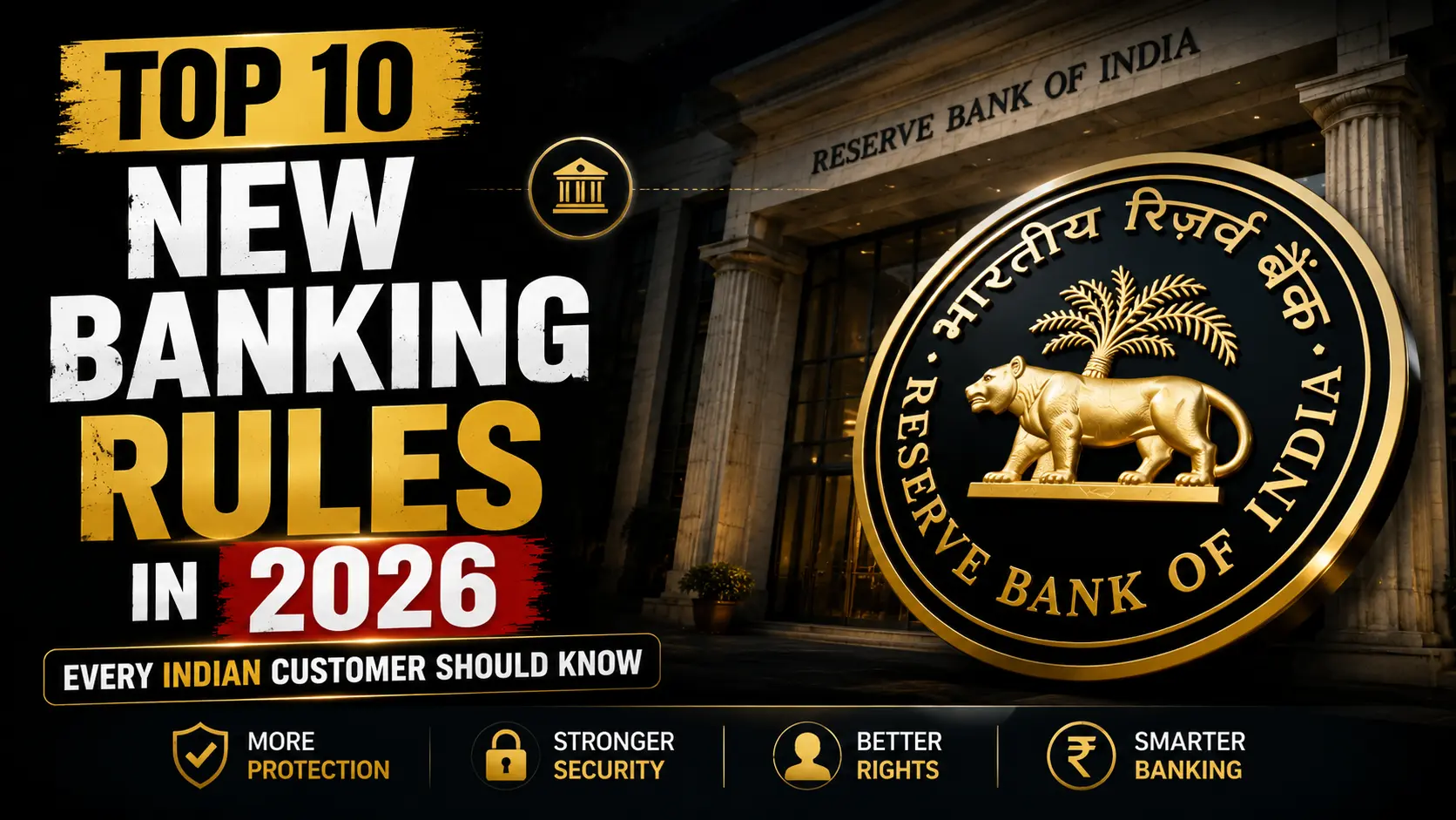 New Banking Rules 2026 featured image showing the Reserve Bank of India (RBI) logo and RBI building with the top 10 banking changes every Indian customer should know.
