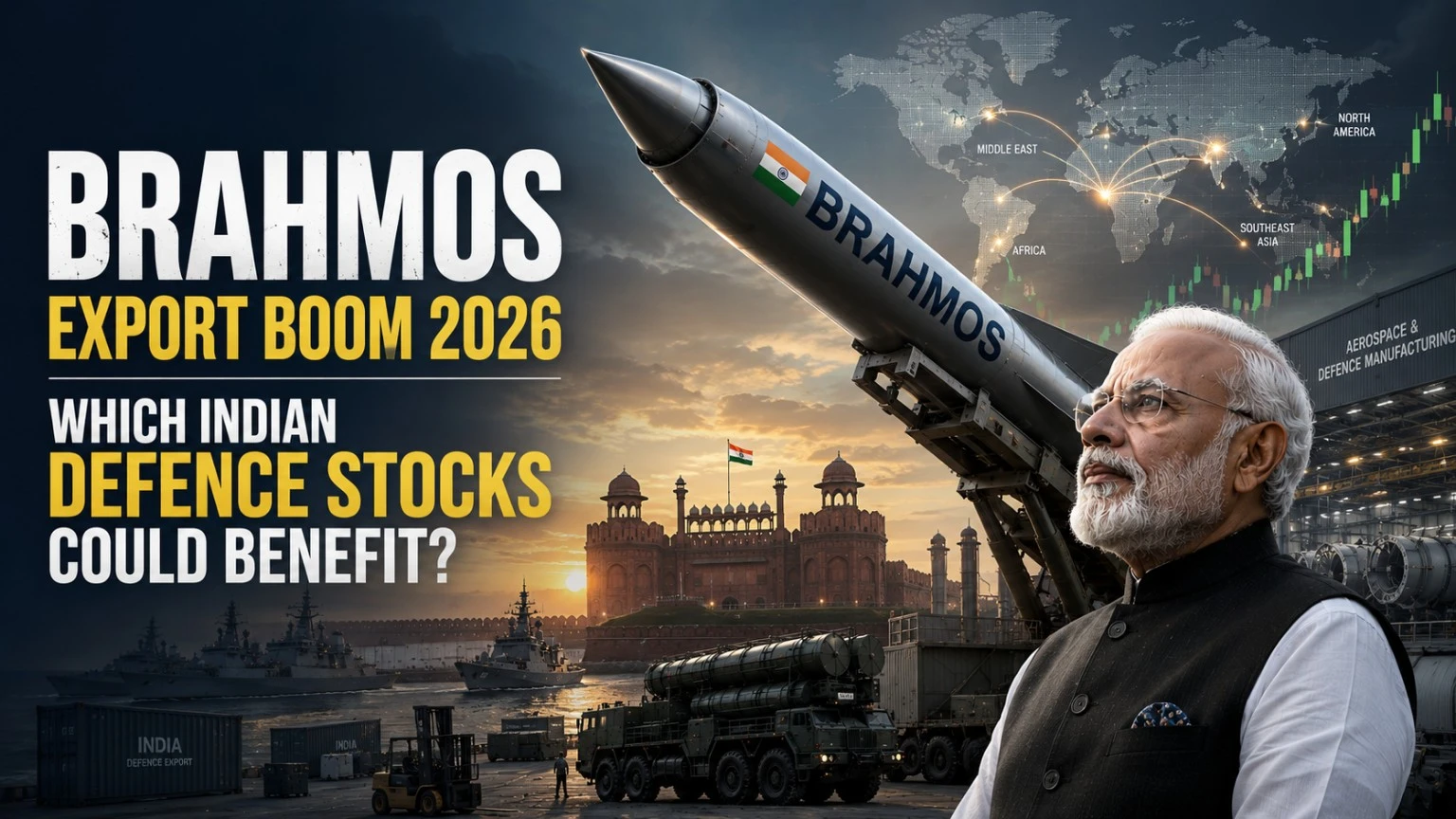 BrahMos missile with Narendra Modi, Red Fort, Indian flag and defence export infrastructure highlighting Indian defence stocks benefiting from BrahMos export growth in 2026.