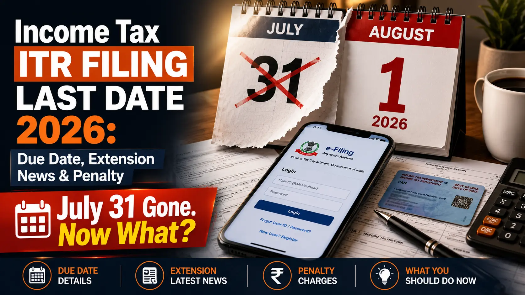 ITR Filing Last Date 2026 featured image showing the July 31 deadline crossed out, August 1 calendar, Income Tax e-Filing portal, PAN card, and tax documents.